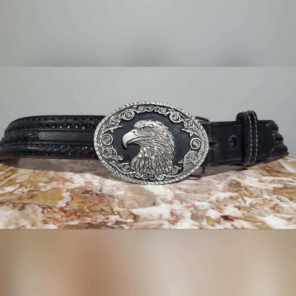 Vintage Leather Woven Belt Colorado Silver Star Eagle Belt Buckle Casting 1997